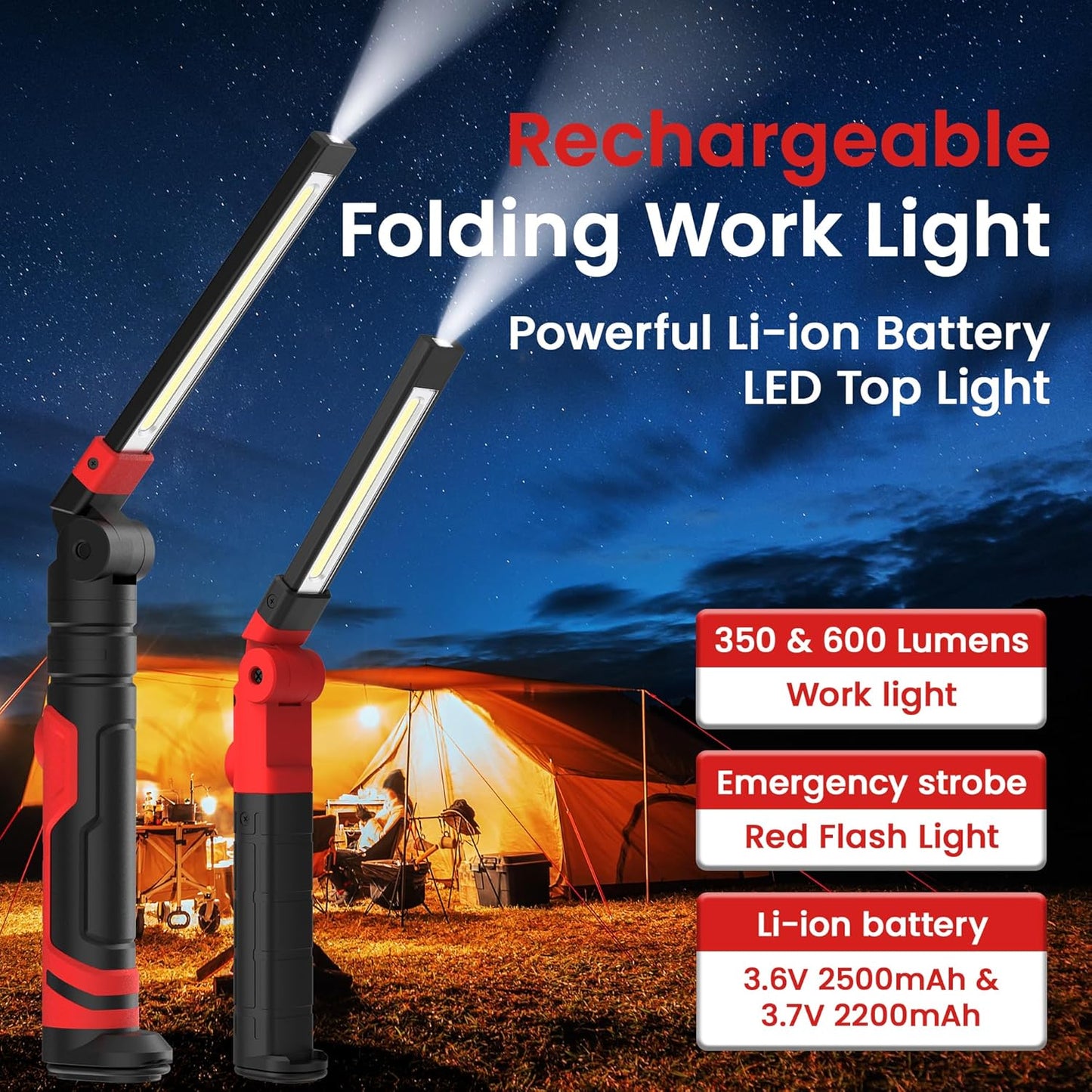 Rechargeable LED Work Light, Magnetic Flashlight Mechanic Light Tool Gifts for Men Him, Foldable Lamp with Hook for Car Repair Emergency BBQ Grill (2 Pack)