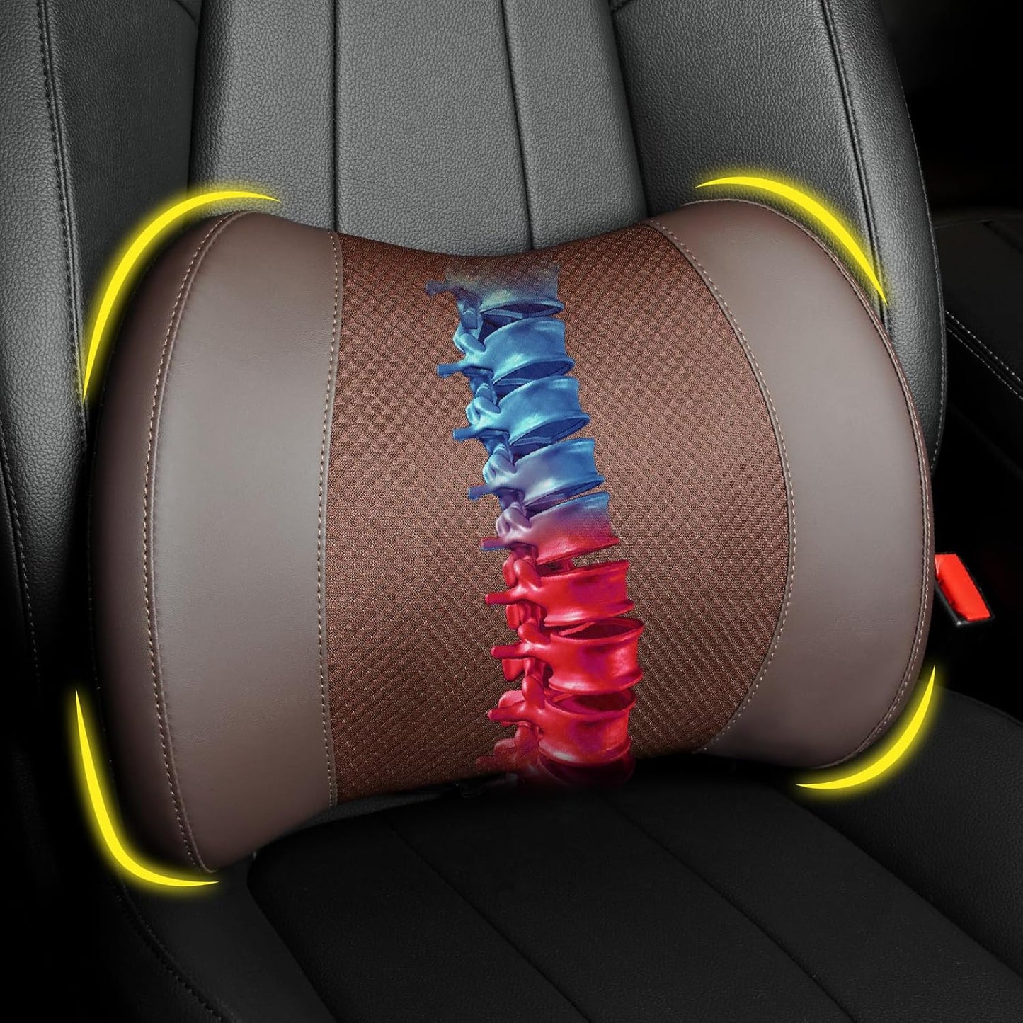 Lumbar Support Pillow for Car, Memory Foam Lumbar Pillow for Lower Back Pain Relief - Back Cushion for Driving, Chair Support for Car-Office Chair, Wheelchair - Brown