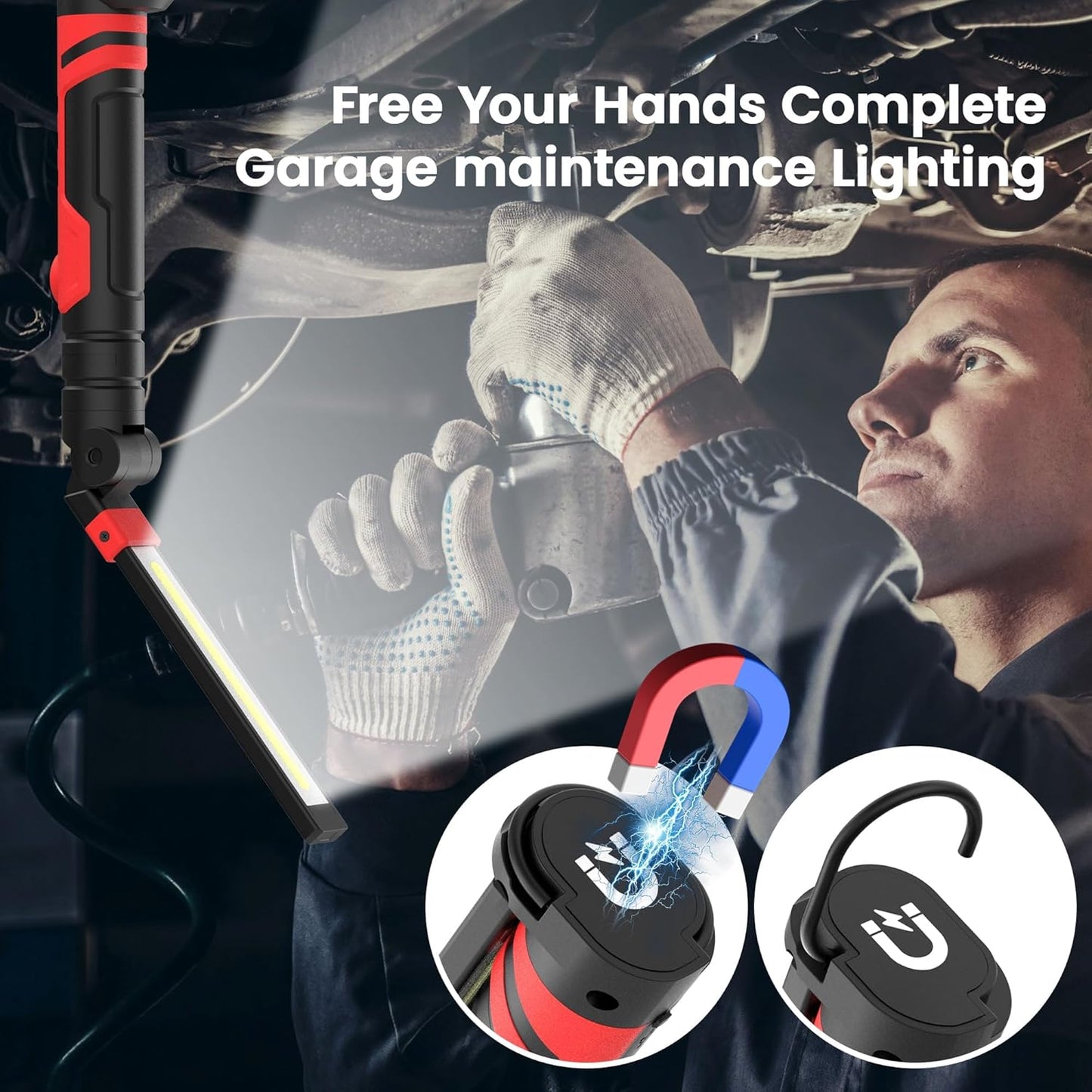 Rechargeable Work Light 2500mAh Magnetic LED Work Light Flashlight Mechanic Light Tool Gifts for Men Him, Foldable Lamp with Hook for Car Repair Emergency BBQ Grill