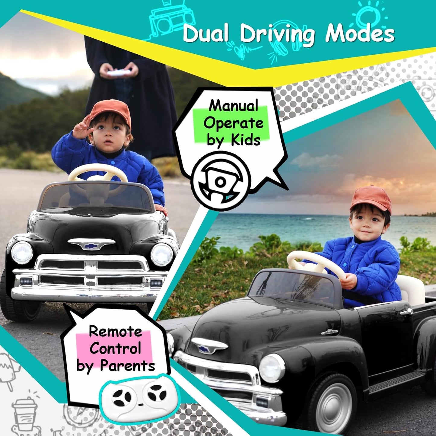 Joywhale 12V Kids Ride on Car Licensed Chevrolet 3100 Pickup Battery Powered Motorized Electric Car,with 7AH Big Battery,2.4G Remote Control,3-Speeds,Storage Space,Music,Retro Style,Black