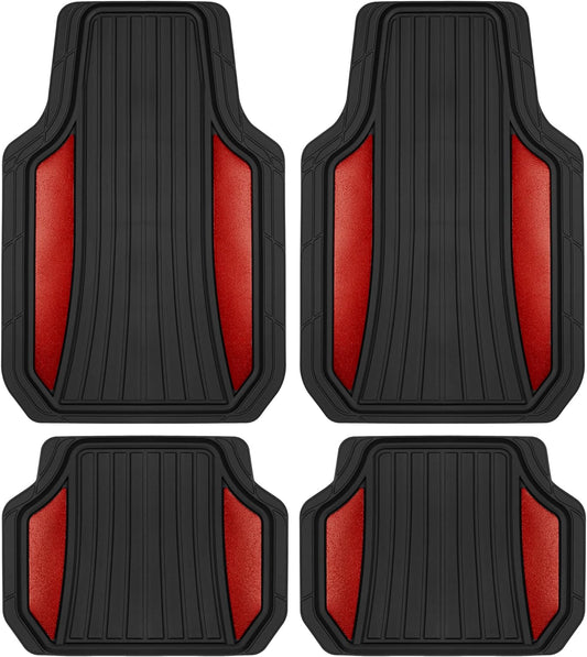 Motor Trend ChromeTech Car Floor Mats Full Set - Durable Rubber Floor Mats for Cars with Two Tone Accent, All Weather Interior Protection for Front and Rear with Non-Slip Backing, Red Chrome