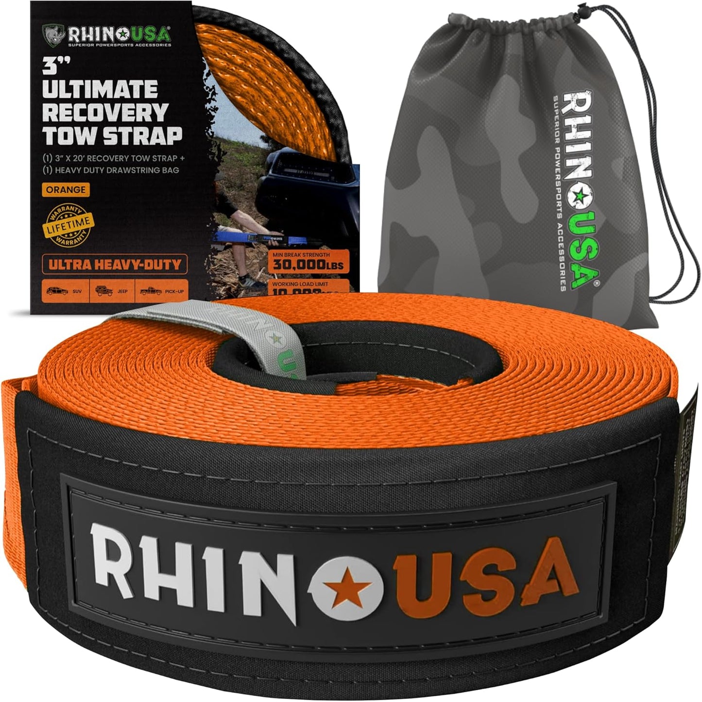 Rhino USA Recovery Tow Strap (3"x20')- 31,518lb Break Strength- Emergency Recovery Strap Tow Rope for Truck, UTV, ATV & More- Heavy Duty Towing Strap for Offroad 4x4 Use- Compatible with Jeep (Orange)