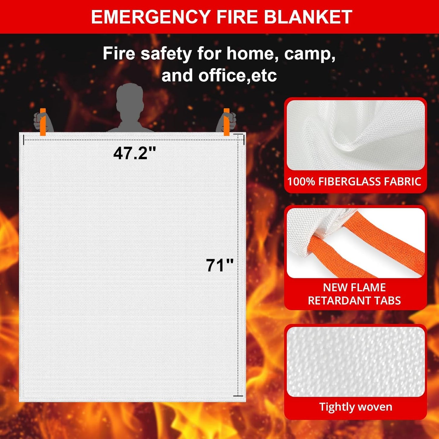 SecuCaptain Emergency Fire Blanket for Home - 47.2"x71" X-Large Flame Retardant Blankets with Fireproof Tabs for House Camping Kitchen Fire Protection Survival Safety