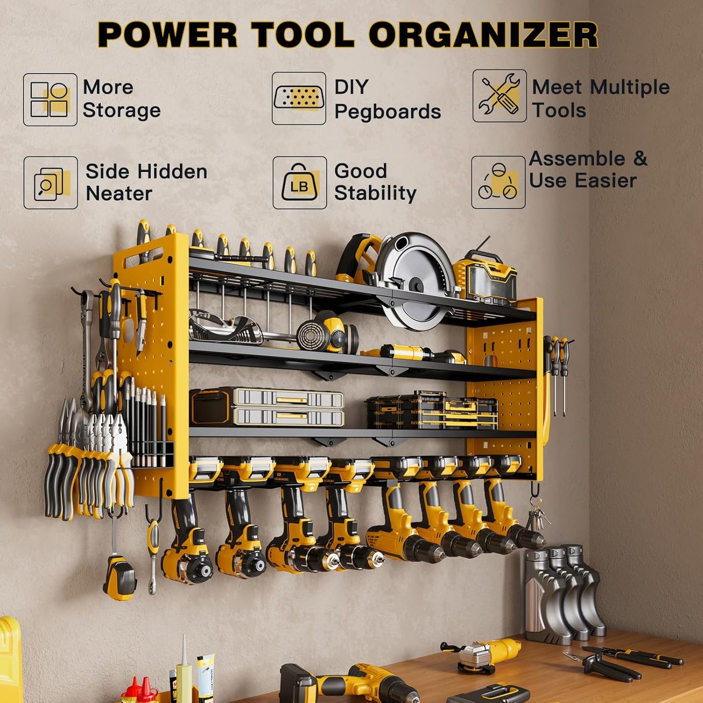 Power Tool Organizer Wall Mount,Cordless Drill Organizer,4 Layers Large Capacity Tool Rack with 8 Drill Holders(YELLOW)