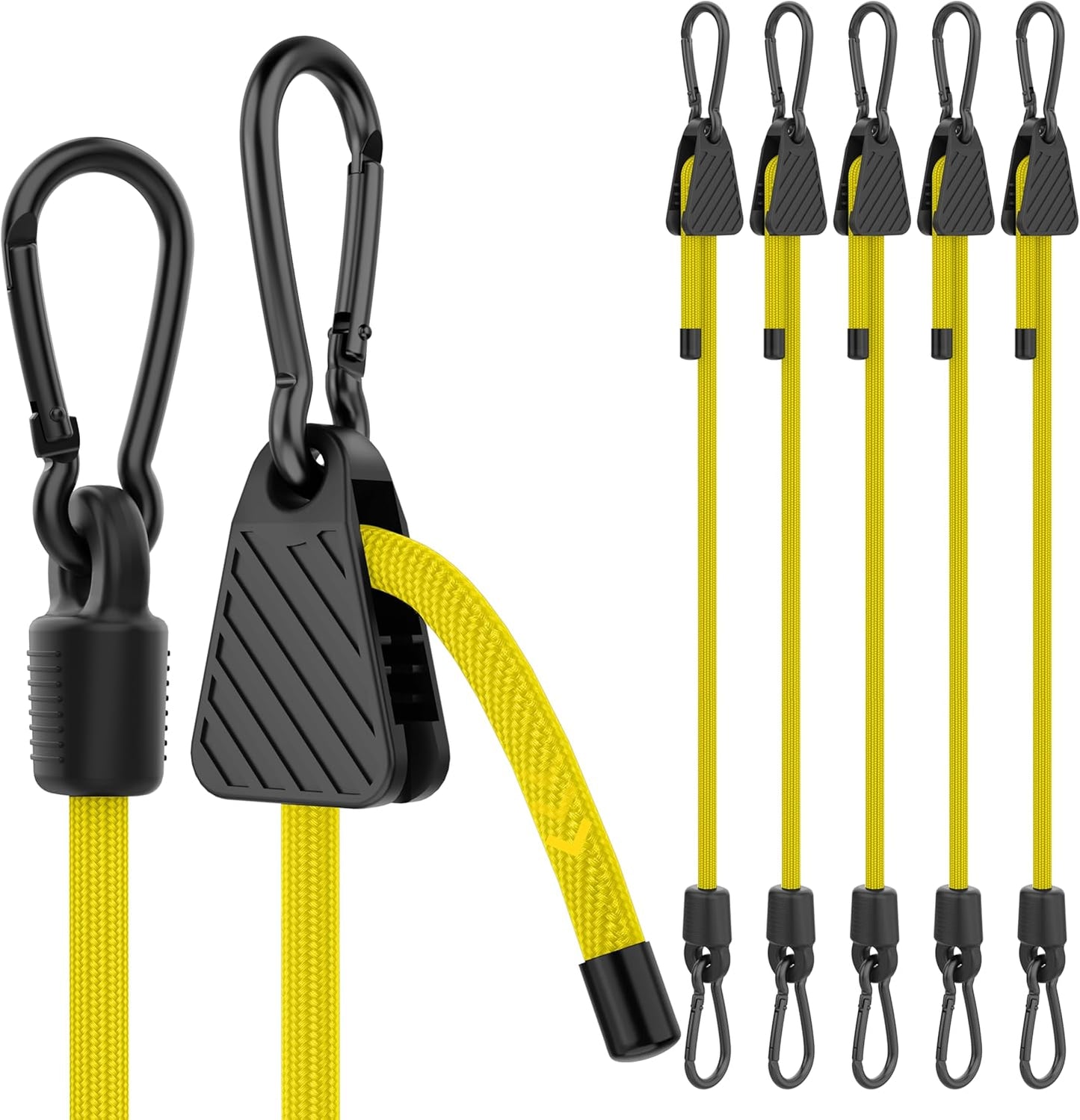 Bungee Cords with Hooks, 36 Inch Adjustable Yellow Bungee Cords with Carabiner Heavy Duty Outdoor, 8mm Thick Easy to Adjust Bungee Rope UV Resistant for Tarp, Bike Rack, Garden, Binding, 6 Pack
