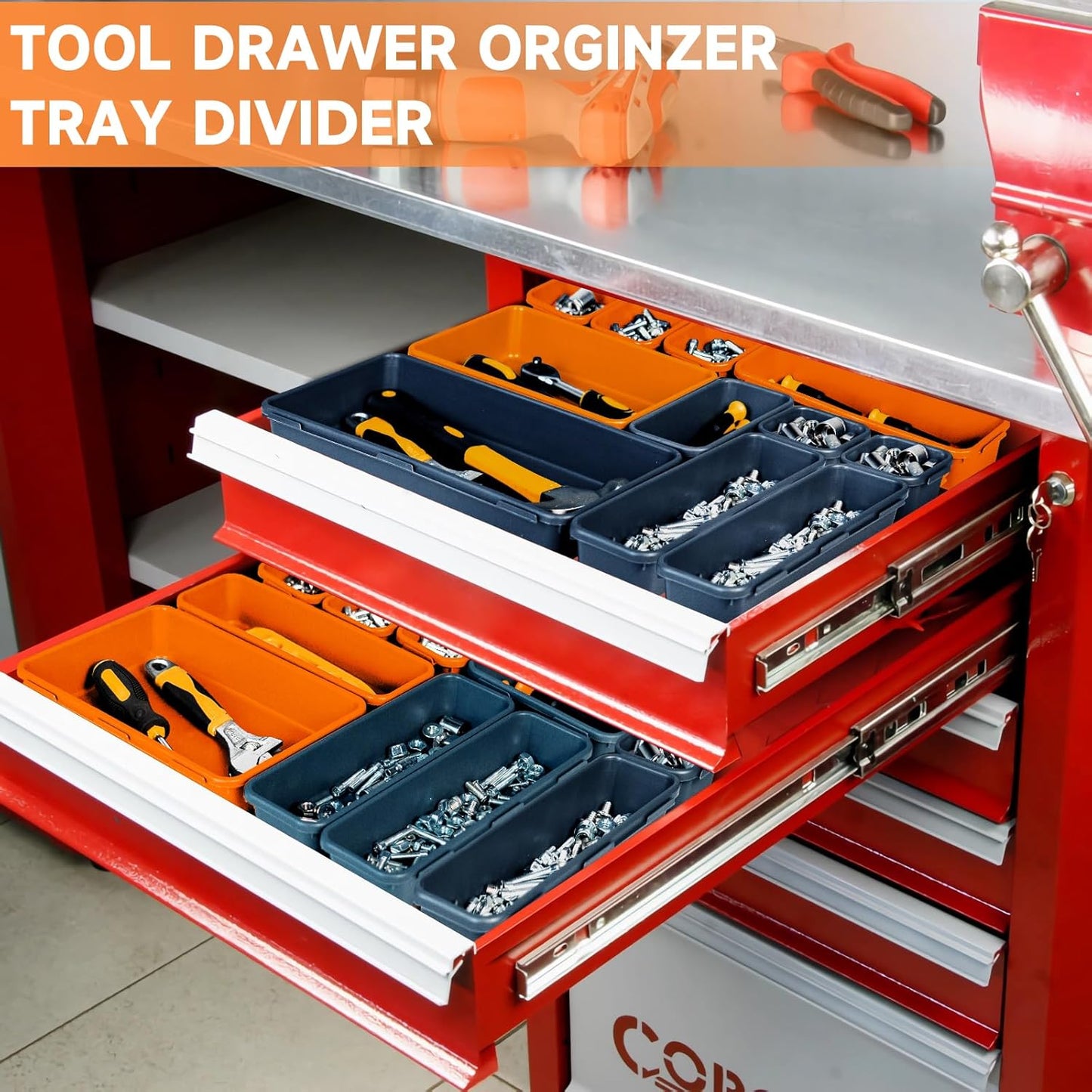 Tool Box Organizer Tray, Toolbox Desk Drawer Organizer, Tool Box Tray, Toolbox Organization Storage for Rolling Tool Chest (60PCS (Blue+Orange))