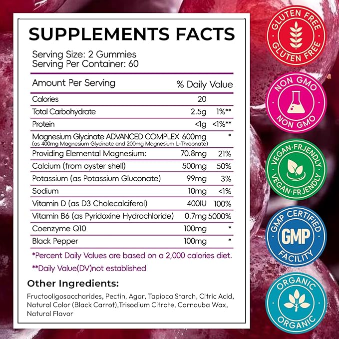 Magnesium Glycinate Gummies 600mg, Sugar Free Chewable Magnesium Gummies for Men & Women, Supports Evening Routine & Inner Balance, No Melatonin, Gluten Free, Non GMO, Vegan, 60 Days Supply