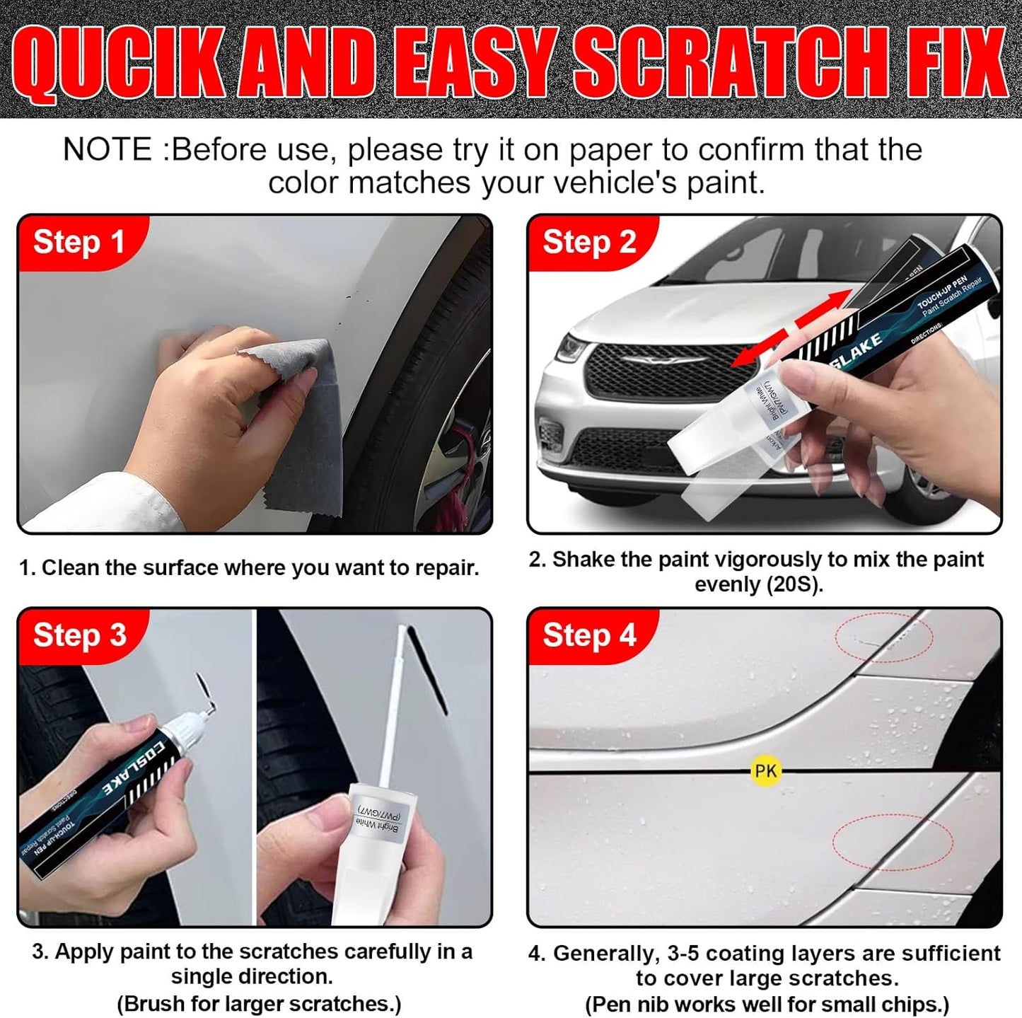 Car Touch Up Paint(Bright White(PW7/GW7)) for Chrysler, Car Paint Scratch Repair Kit, Quick & Easy Solution to Repair, 2 in 1 Scratch Remover Pen with 2PCS Disposable Micro Applicators