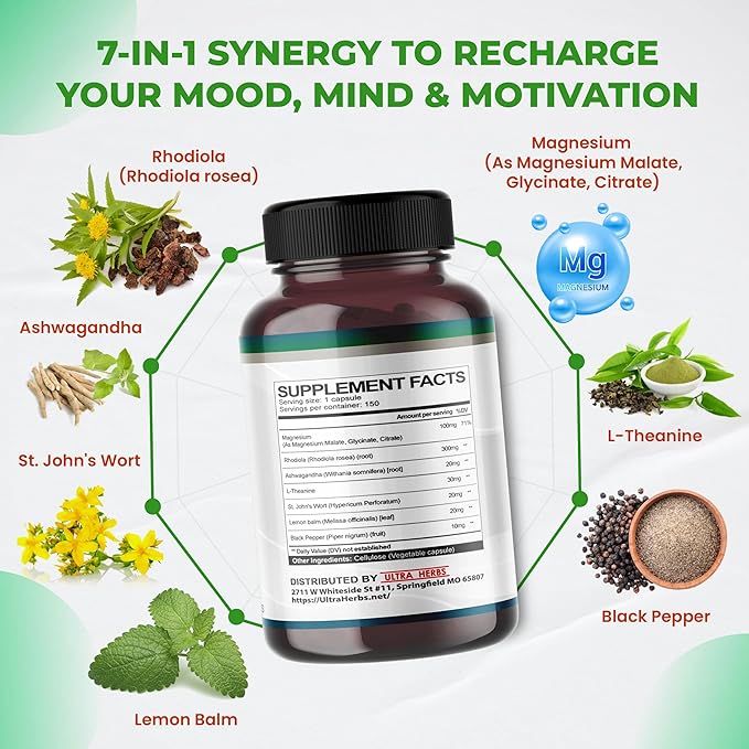 Rhodiola Rosea Supplement Enriched with Ashwagandha, Magnesium, L-Theanine, St. John's Wort, Lemon Balm - Support Mood, Sleeps Quality, and Mental Focus | 150 Capsules