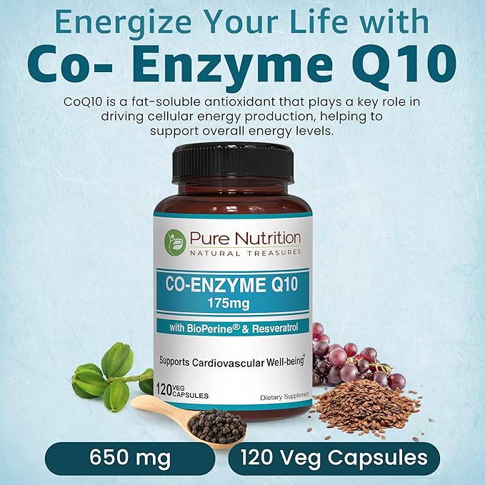 Pure Nutrition Bio Coenzyme Q10-175mg | 120 Veg Caps | CoQ10 with Bioperine® & Arjuna Extract | Nutrient-Rich Botanicals for Daily Wellness | Non-GMO