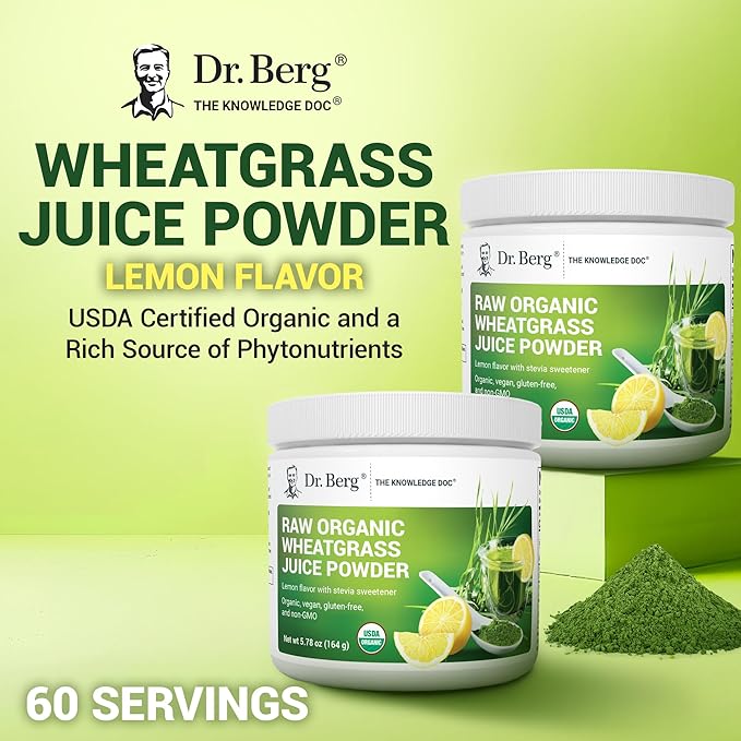 Dr. Berg USDA Certified Organic Green Powder Superfood (60 Servings) - Made with Raw Wheatgrass, Chlorophyll, Trace Minerals & Natural Enzymes - Non-GMO Green Superfood Powder - Lemon Flavor