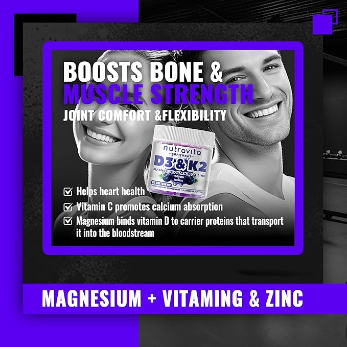 Sugar-Free Vitamin D3 K2 Chews with Calcium + K2 (MK-7), Magnesium Citrate, Vitamin C, Extra Strength - Ultimate Absorption for Bone Muscle Teeth Immune, Vegan - 60 Count-Blueberry Flavor