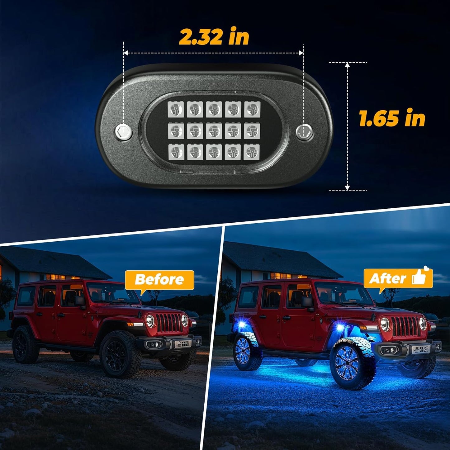 Honalia LED Rock Lights for Trucks 6 pods, RGB Truck Rock Lights with Bluetooth Control, Neon Light Kits for ATV UTV Golf Cart RZR