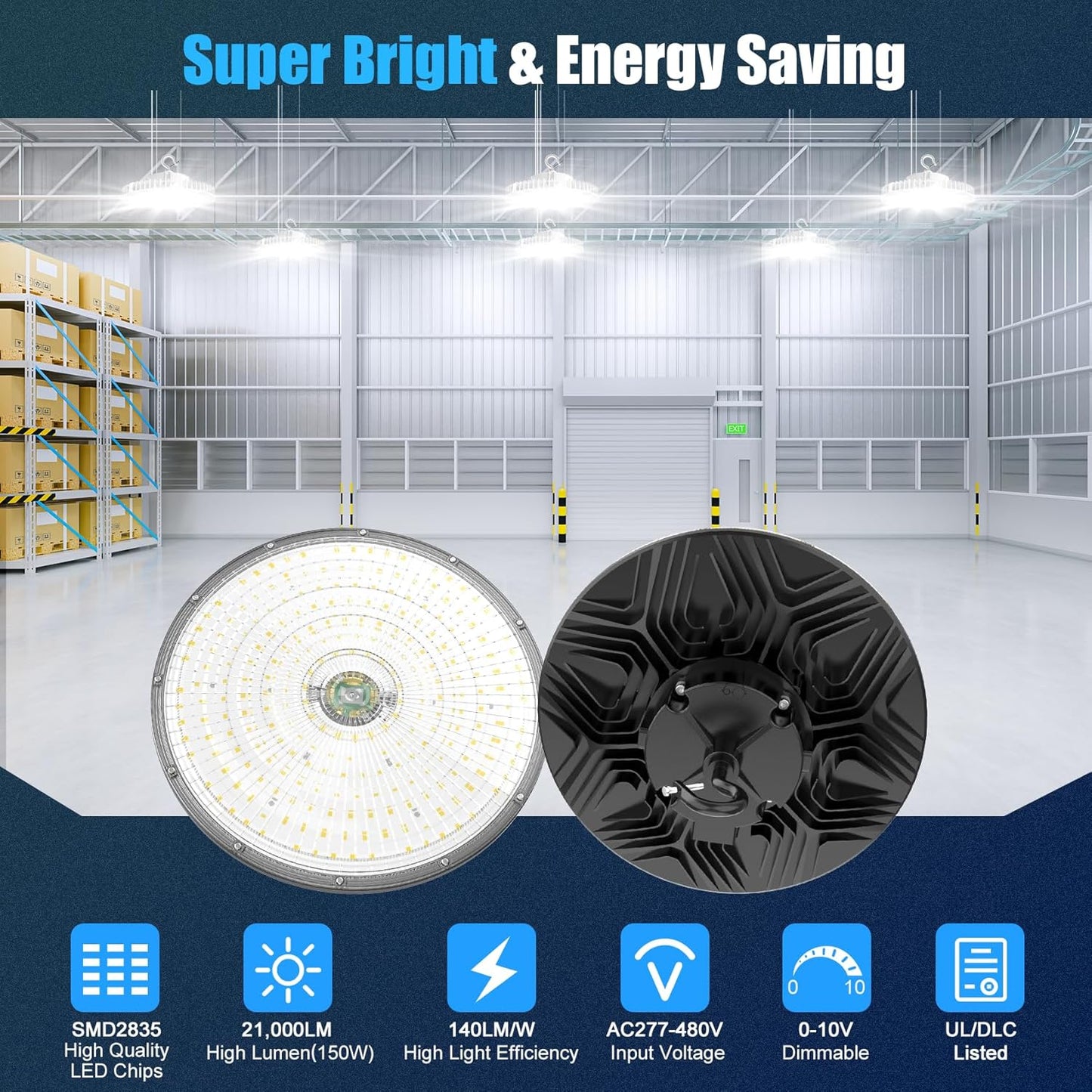 480V LED High Bay Light UL DLC Listed 150W 100W 80W Adjustable 5000K UFO Light 0-10V Dimmable IP65 Waterproof High Bay LED Shop Lights for Factory Warehouse (AC 277-480V)