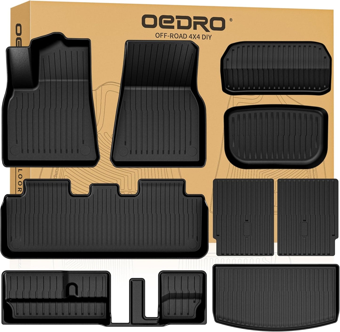 OEDRO Floor Mats 9 Pcs Fits for Tesla Model Y 7-Seater 2024-2020 Custom Fit All Weather TPE Automotive Trunk Mat with Backrest Mat Accessories Back Seat Protector for Model Y Car Floor Mats Set
