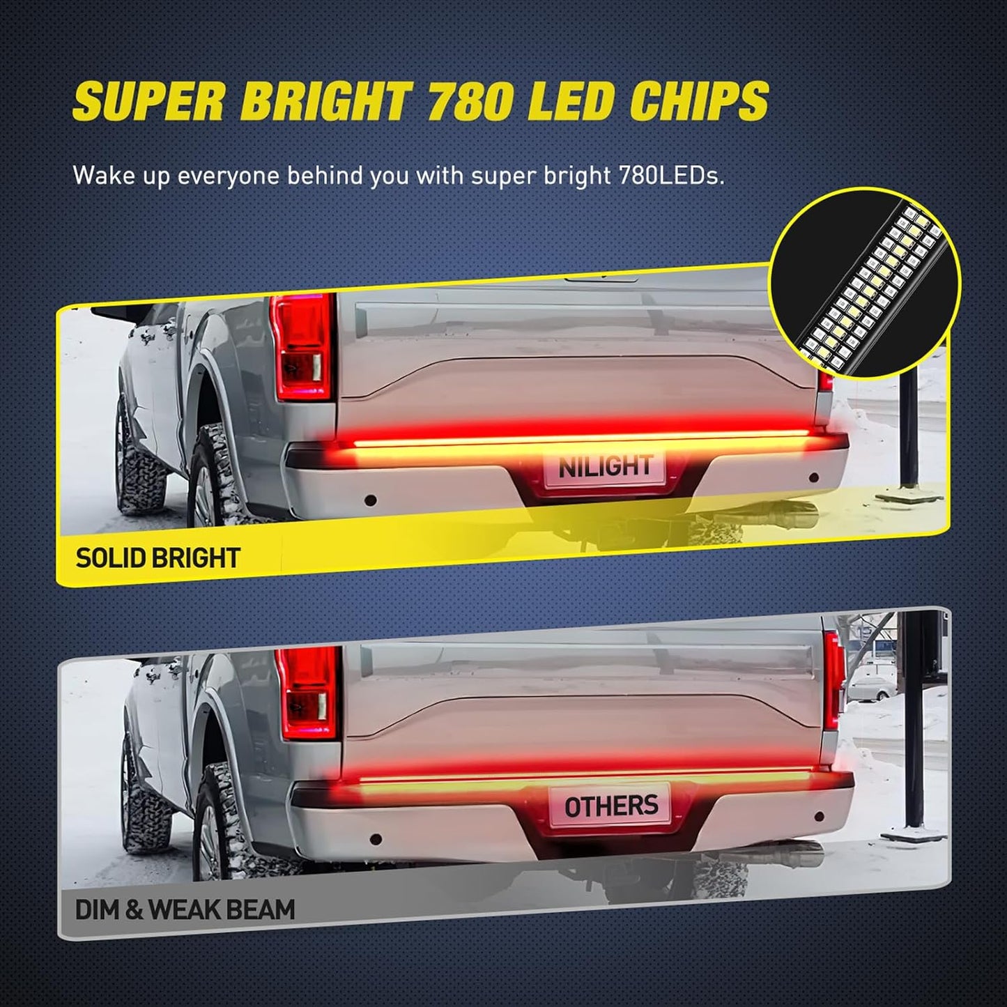 Nilight Truck Tailgate Light Strip 48" Aluminum Frame Triple Row 780 LED Bar with Red Running Brake Sequential Turn Signals Strobe Lighting White Reverse