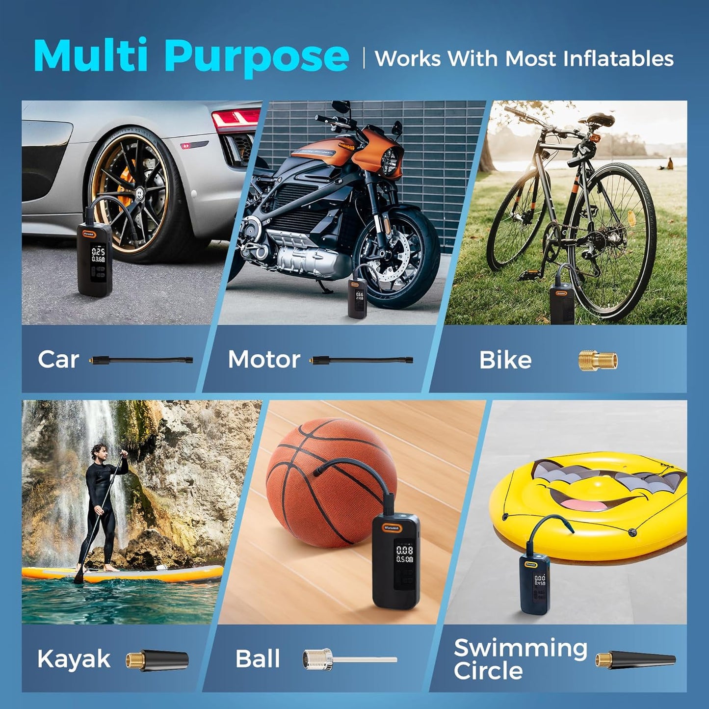 Tire Inflator Portable Air Compressor, 150PSI Rechargeable 2X Faster Cordless Air Pump, Portable Tire Inflator with Pressure Gauge & LED Light 4 Preset Modes, Electric Air Pump for Motor Bike Ball