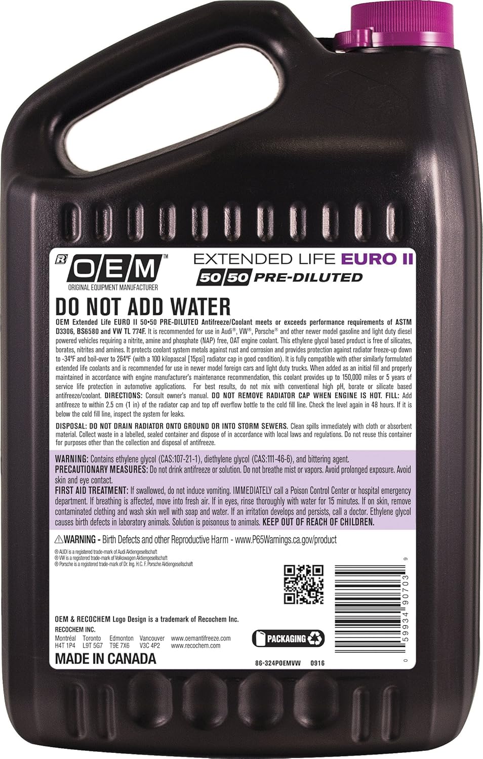 OEM Recochem European Vehicles Premium Antifreeze 50/50 Extended Life Coolant Purple, 1 Gallon, 1 Pack