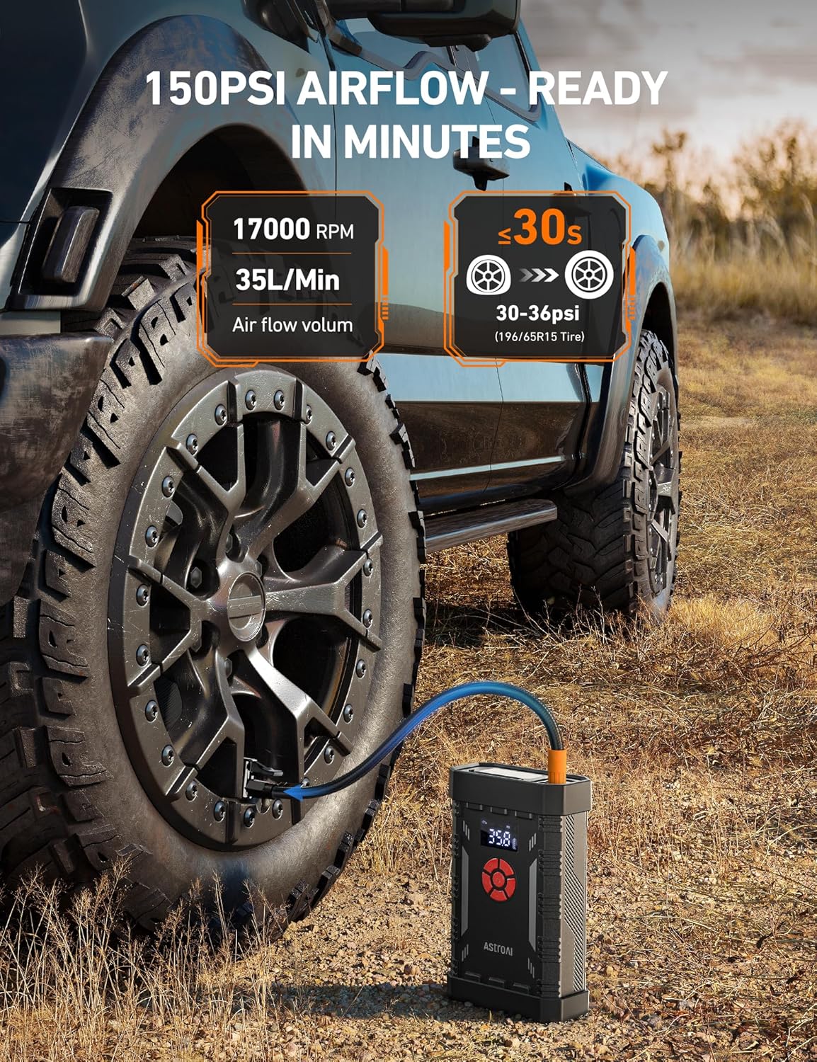 AstroAI A30 Jump Starter with Air Compressor, 4000A & 150PSI Portable Car Battery Jump Starter (10.0 Gas/8.0L Diesel) with Tire Inflator, 12V Battery Charger, 18W Quick Charge, Jumper Cables, Lights