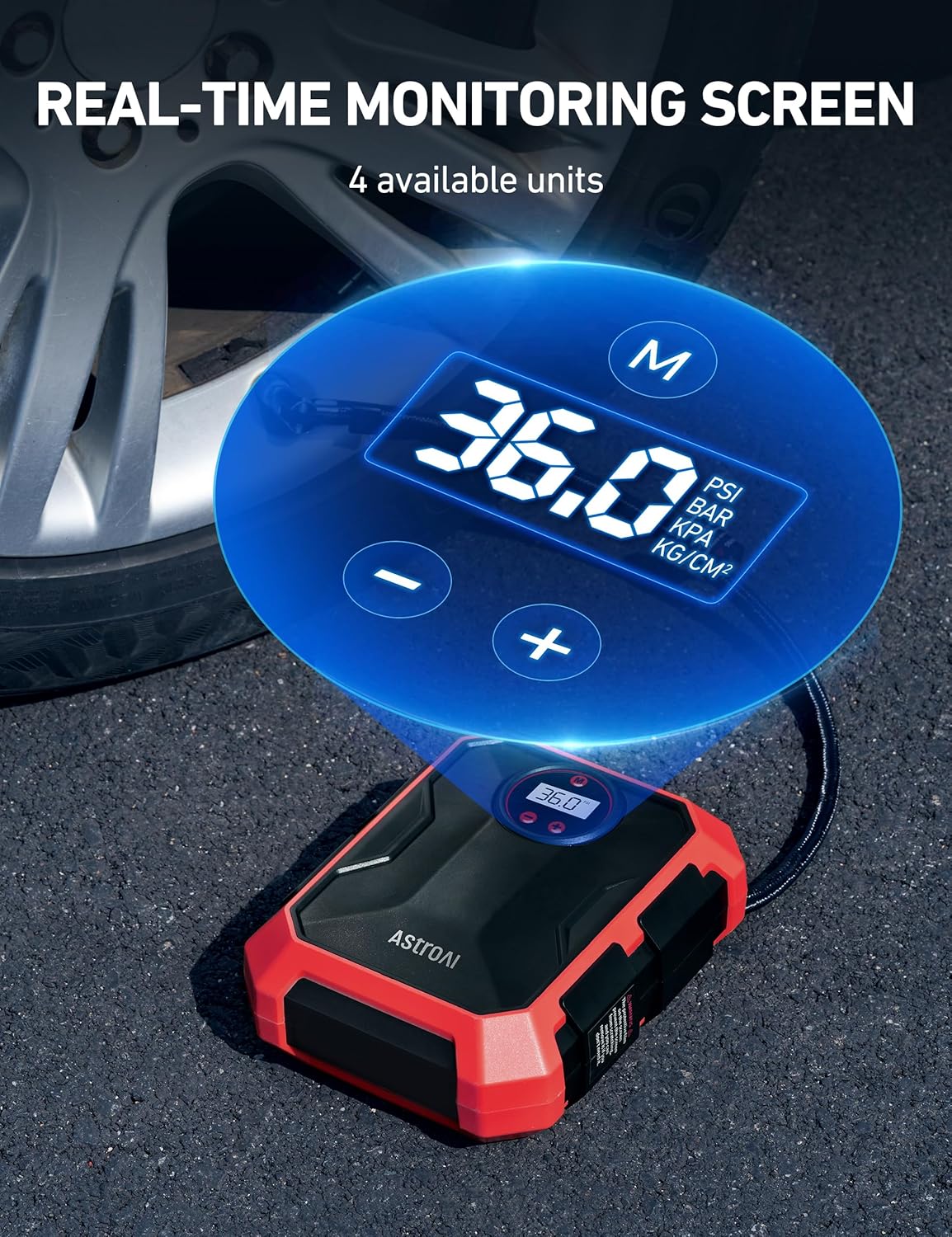 AstroAI Portable Air Compressor and Tire Inflator - 12V DC Auto Accessory with LED Light and Digital Display - 100PSI for Car, Bicycle and Other Tires