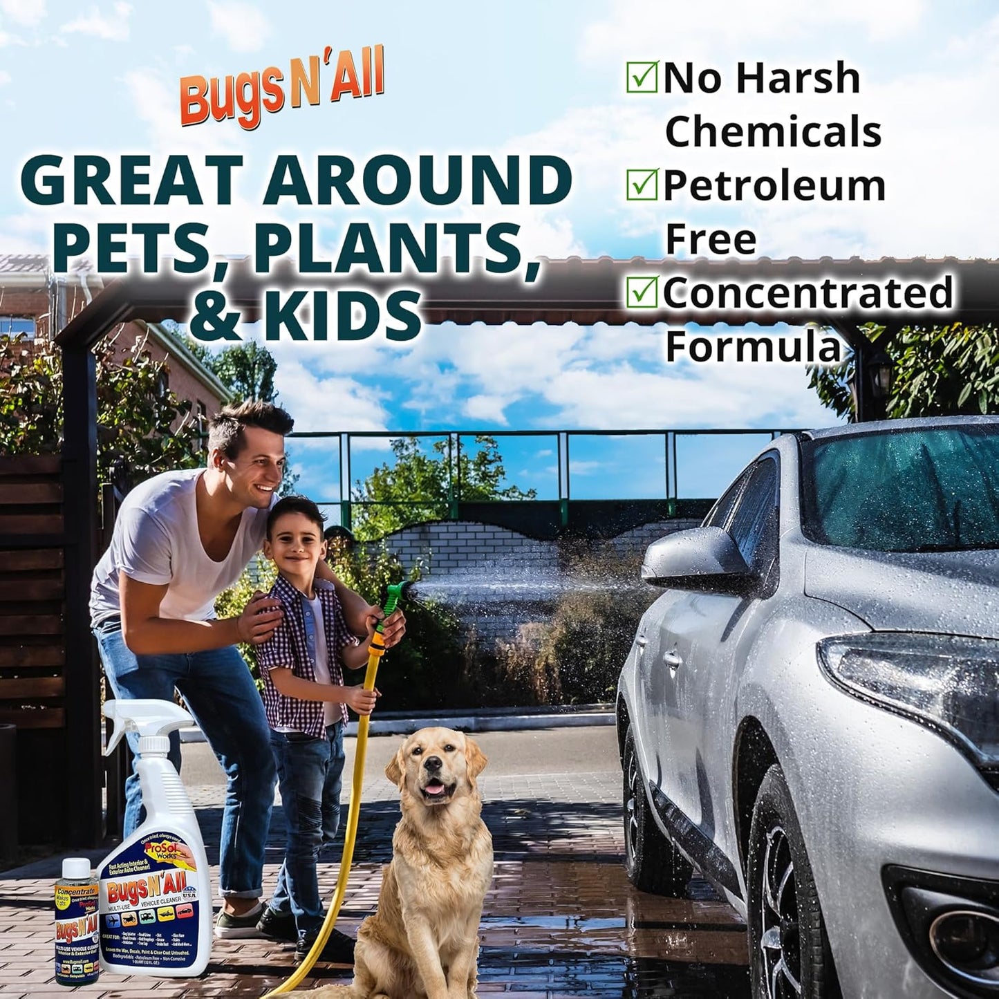 Bugs N’ All Multipurpose Car Cleaner & Degreaser - Bug & Tar Remover Concentrate 4 oz - Exterior Cleaner Safe for Car Paint, Metal, Chrome, Aluminum, Windows & Mirrors - w/Free 32 oz Spray Bottle