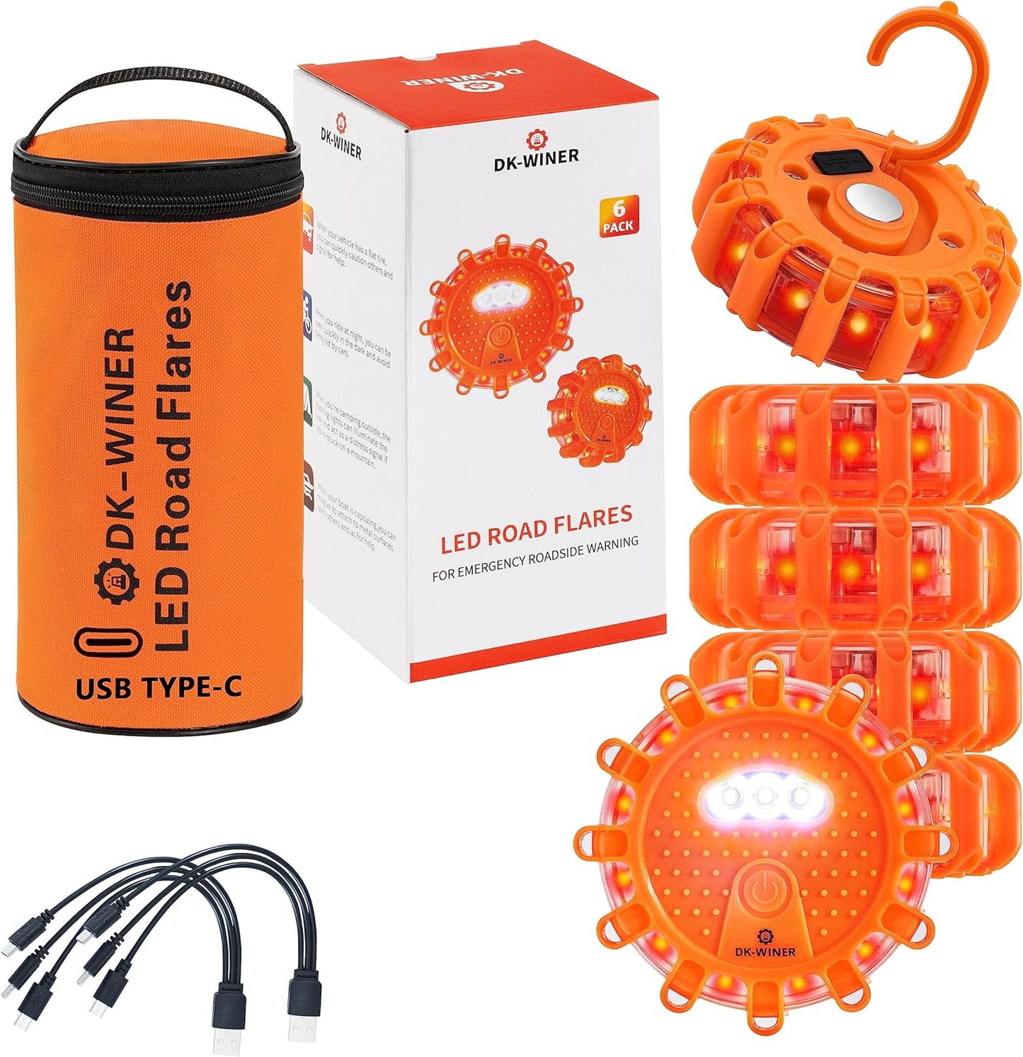 LED Road Flares 6Pack Roadside Emergency car kit Emergency Road Flares Kit with Magnetic Base for Vehicles & Boat | 9 Flash Modes(with Batteries) (6pack rechargeable)