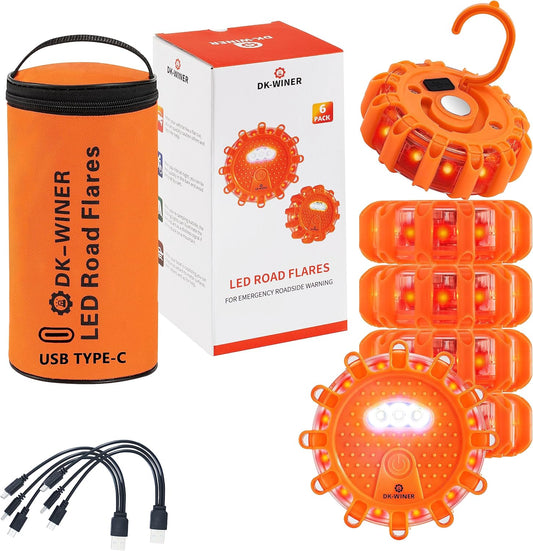 LED Road Flares 6Pack Roadside Emergency car kit Emergency Road Flares Kit with Magnetic Base for Vehicles & Boat | 9 Flash Modes(with Batteries) (6pack rechargeable)