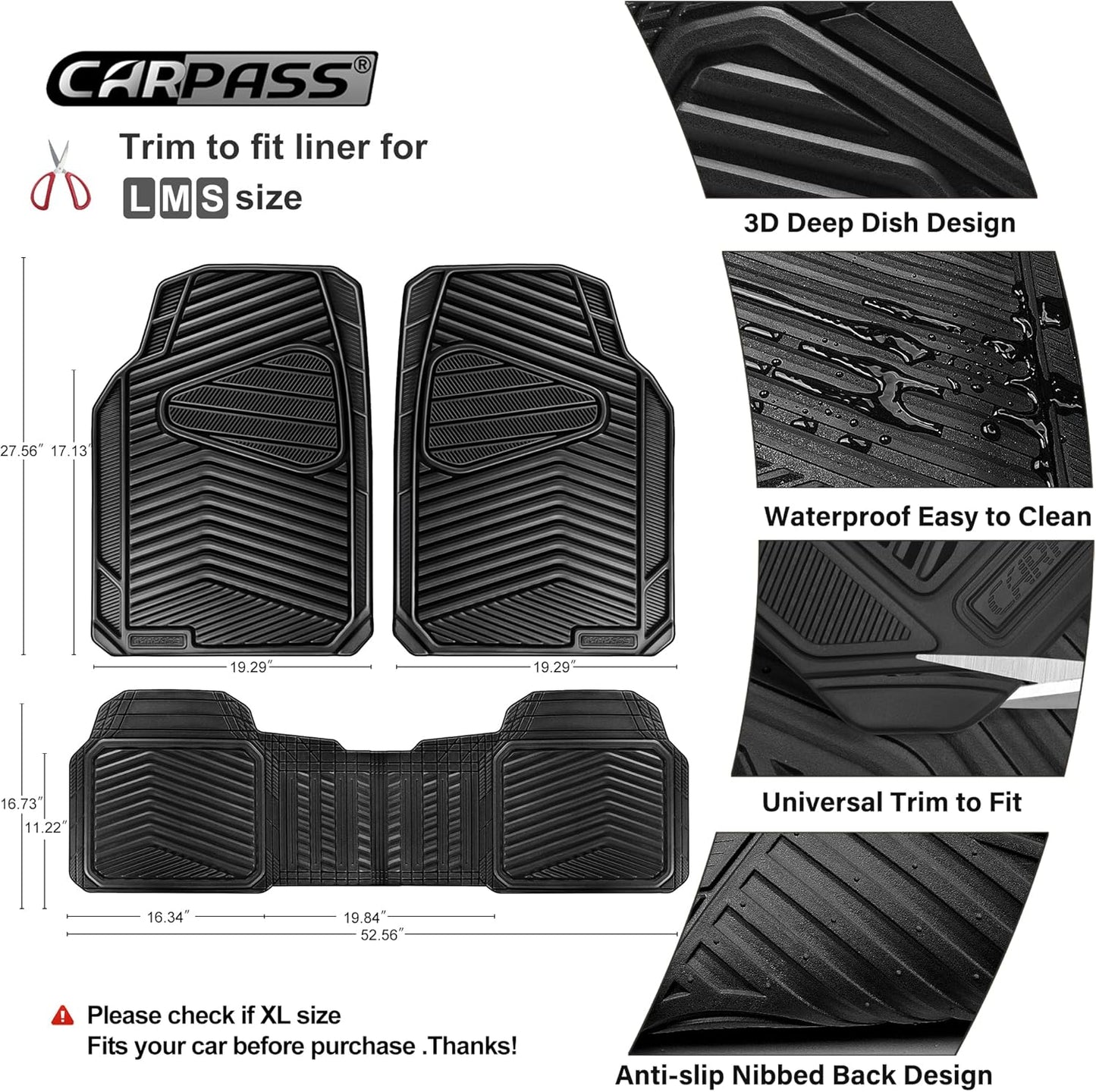 CAR PASS Rubber Car Mats,Car Floor Mats All Weather,Car Mat Full Set 3 Piece,Waterproof Automotive Floor Mat Trim to Fit for Cars Sedans SUVs Small Trucks,Heavy Duty Anti-Slip Easy Clean, All Black