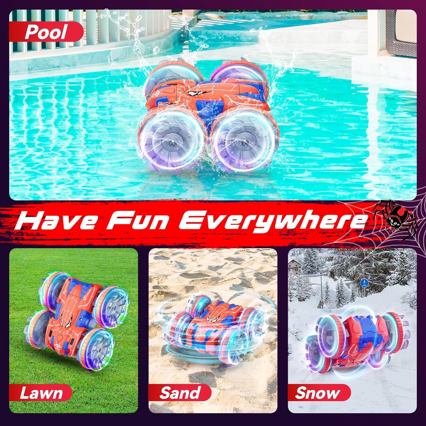 ZIZZ Amphibious Remote Control Car: 4WD Waterproof RC Car 2.4 GHz Remote Control Boat for Kid, Spider Double Sided 360° Rotating RC Stunt with LED Light, Boy Girl Gift All Terrain Water Beach Pool Toy
