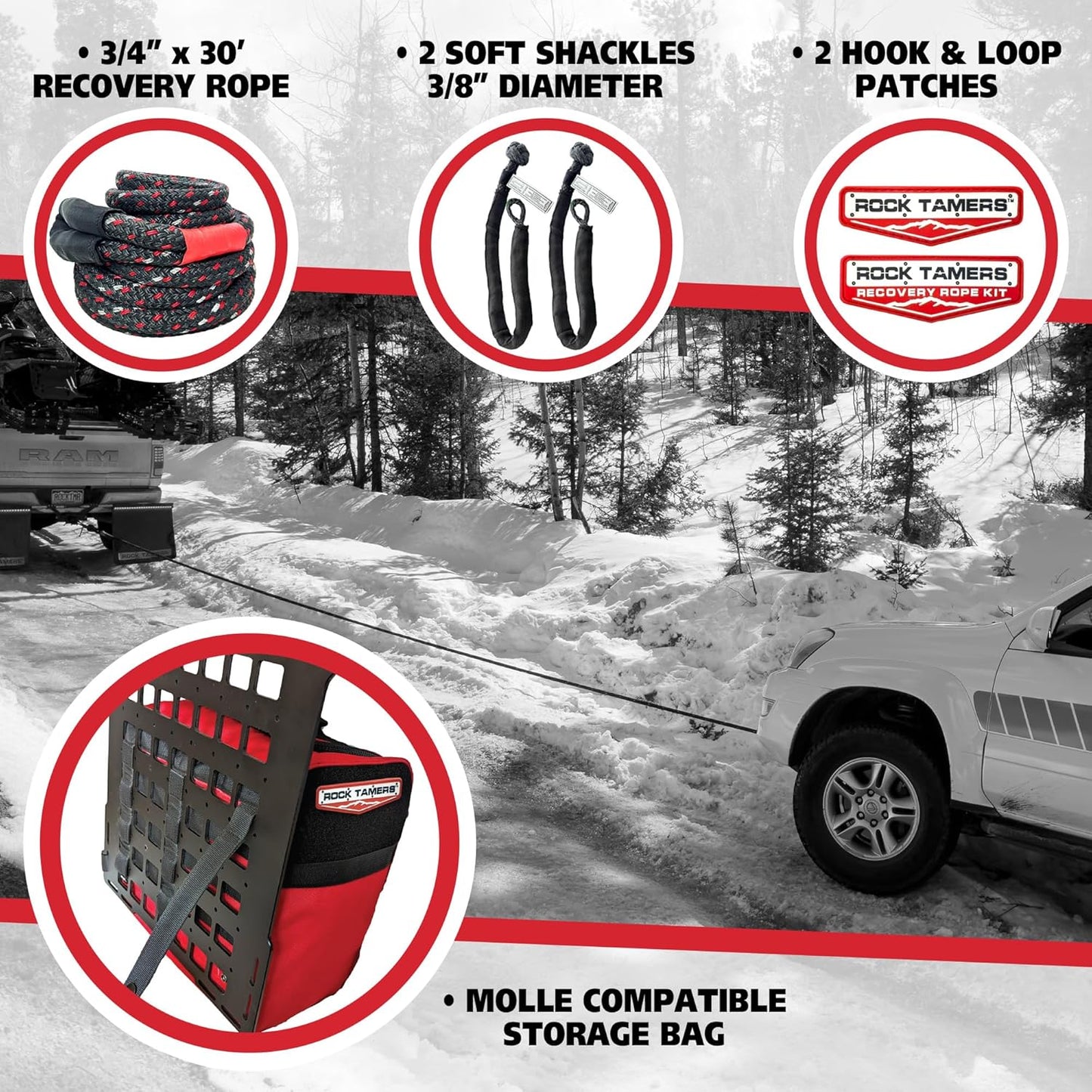 Rock Tamers Kinetic Recovery Rope Kit - Heavy Duty Tow Strap - 3/4" x 30' Kinetic Tow Rope with High-Visibility Reflective Weave - 19,000 lb Break Strength for Vehicle Recovery