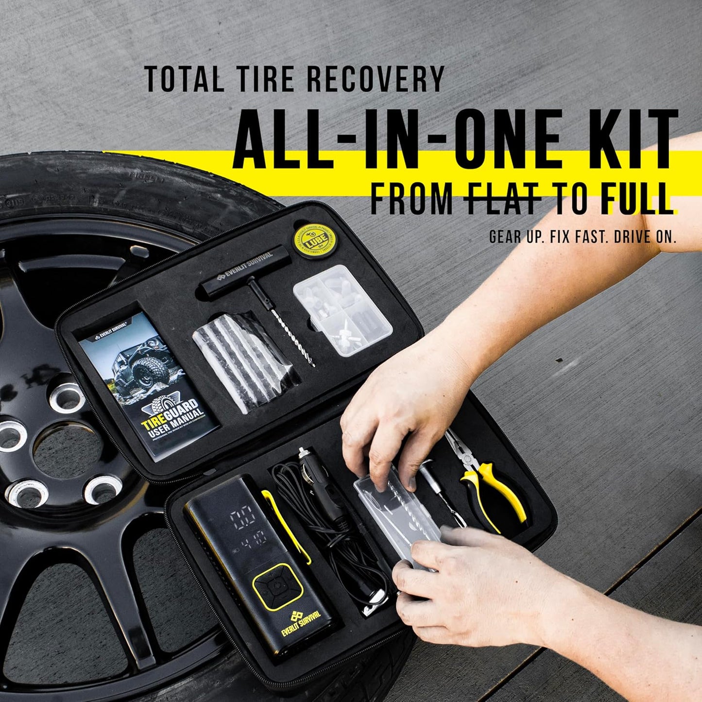 Tire Repair Kit with Air Compressor Car Emergency Kit with Universal Tire Plugs Repair Nails To Fix Punctures Roadside Assistance for Car Truck SUV Motorcycle ATV Tractor Trailer.