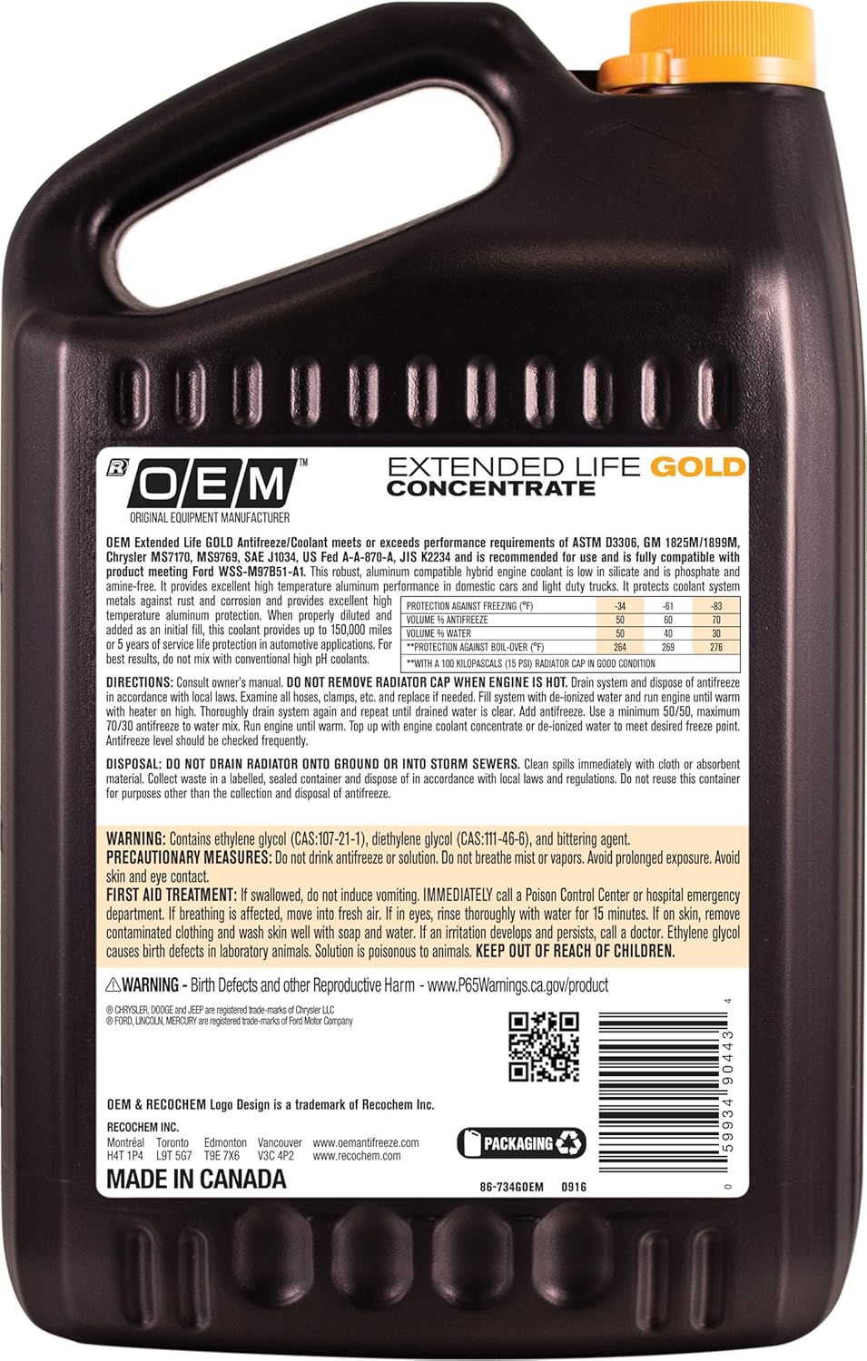 Recochem OEM 86-734GOEM Gold Premium Antifreeze Concentrate Extended Life GOLD, 1 gallon, 1 Pack