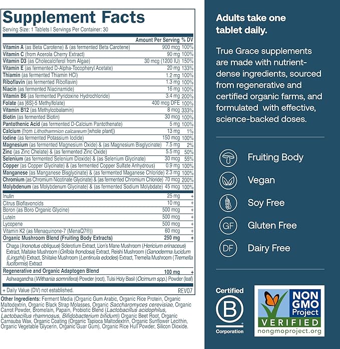 True Grace Men's 40+ One Daily Multivitamin Fermented Minerals, Organic Adaptogens & Mushrooms Whole Body Balance Immune, Endurance, Bone & Heart Support Supplement - Non-GMO - 30 Vegan Tablets
