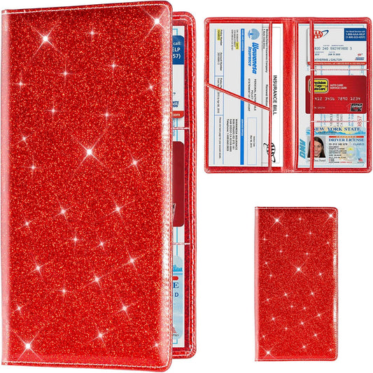 TOURSUIT Car Registration and Insurance Card Holder, Vehicle License Document Glove Box Compartment Organizer, Interior Car Accessories for Women Men Teens (Glitter Red)