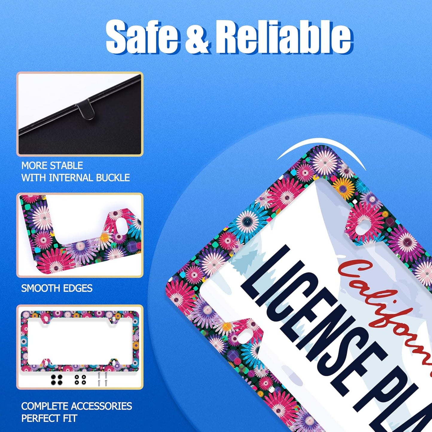 Abstract Hippie Flowers License Plate Frame Floral License Plate Stainless Steel Funny License Plate Holder Colorful Car Accessories With Screws Car Decoration 12.3" x 6.3" Fits Standard Vehicles Size