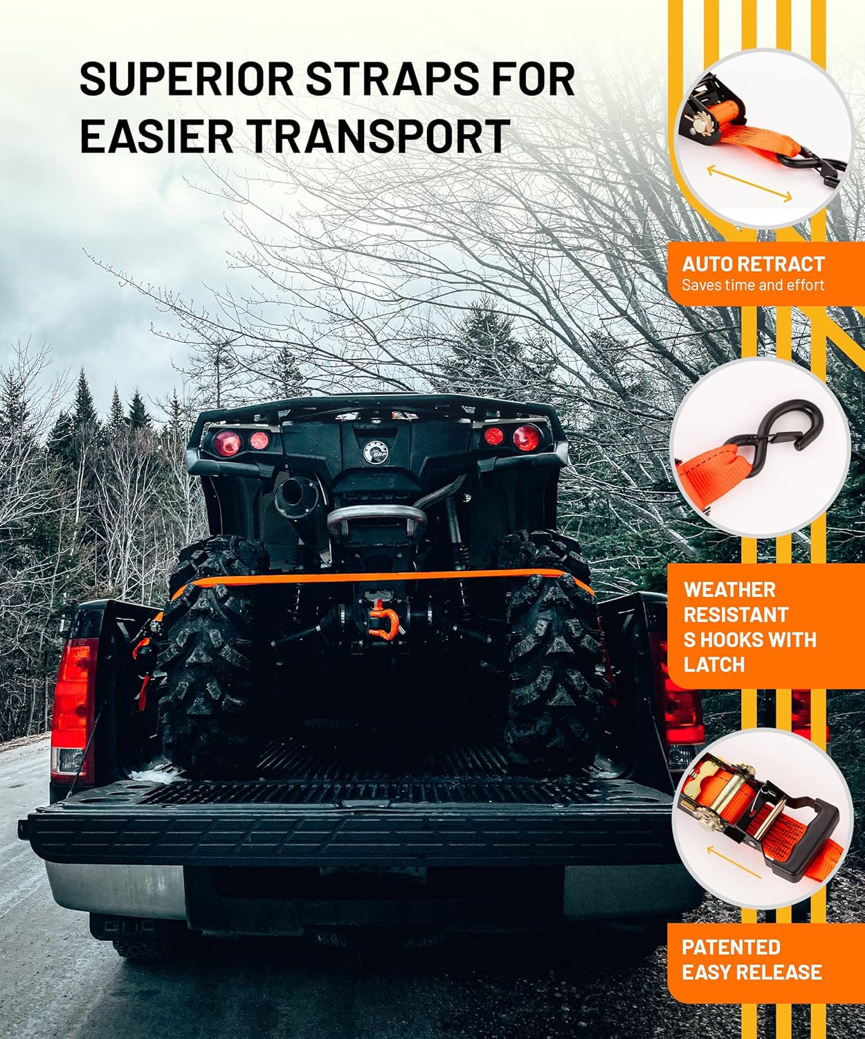 Strapinno 2PCs Retractable Ratchet Tie-Down Straps,5,000 lbs Break Strength- 2 in x 12 ft Heavy Duty Ratchet Strap with Safety Lock S Hooks for Motorcycles, ATVs, UTVs, Lawn Equipment & Cargo-Orange