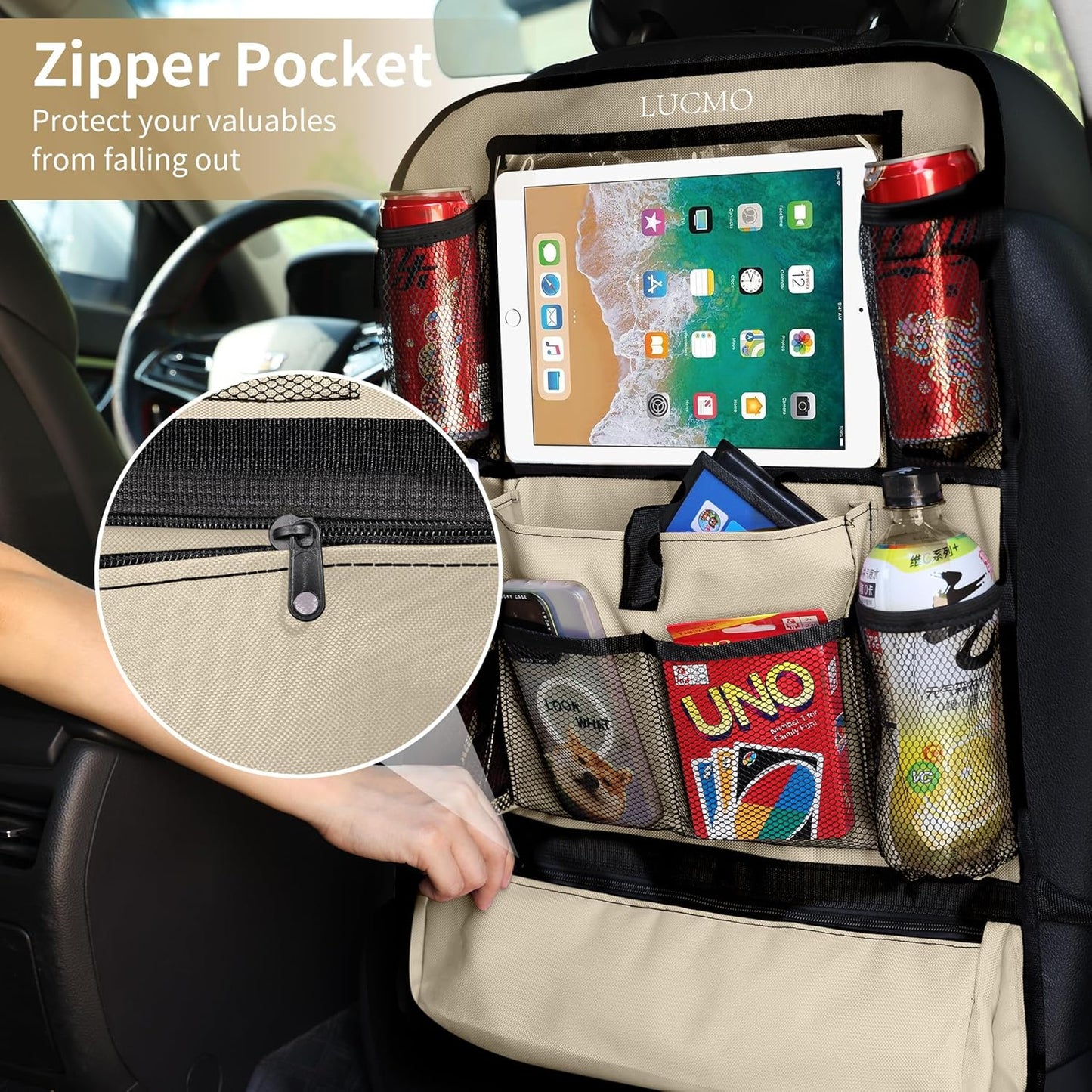 LUCMO Car Backseat Organizer with Touch Screen Tablet Holder-2 Pcs,9 Storage Pockets Car Storage Organizer Protectors Kick Mats Travel Accessories for Kids-Beige