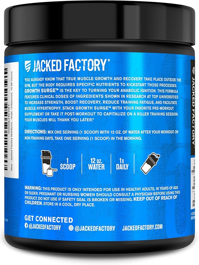 Jacked Factory Growth Surge Creatine Post Workout Powder w/L-Carnitine, Daily Muscle Builder & Recovery Supplement with Creatine Monohydrate, Betaine, L-Carnitine L-Tartrate - 30 Servings, Unflavored