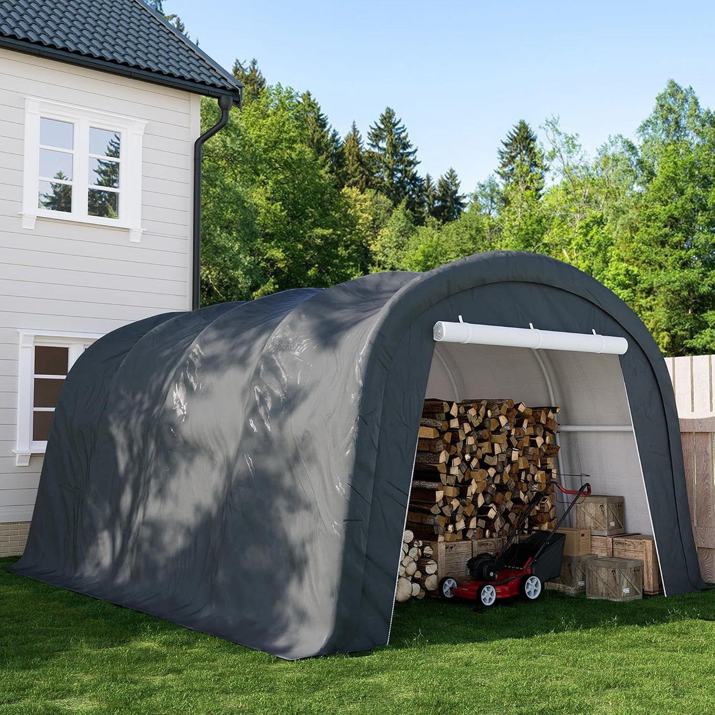 SUNBURY Carport, 10x20 FT Heavy Duty Canopy, Portable Garage with All-Steel Metal Frame & Double Zipper Doors, Round Style Outdoor Storage Shed for Car, Truck, Boat, Patio Furniture, Grey