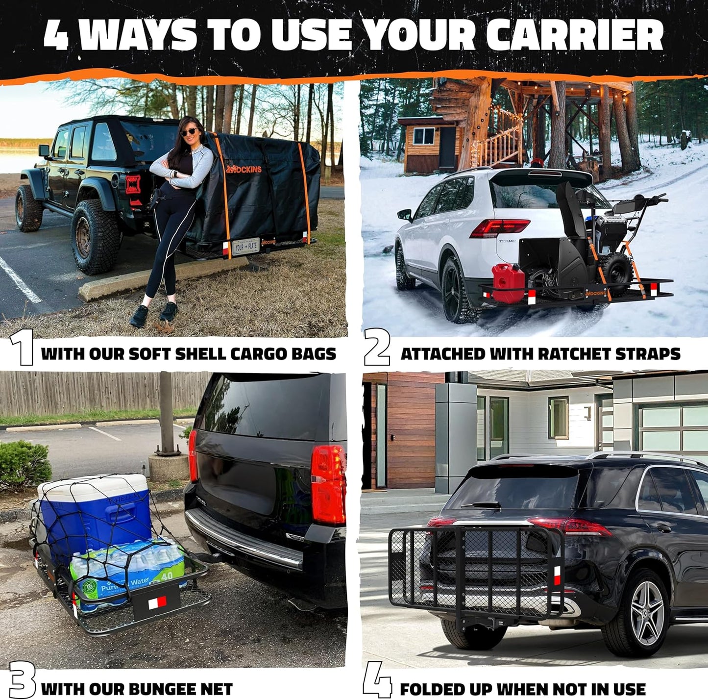 Mockins 60"x24"x6" Weatherproof Trailer Hitch Cargo Carrier & 25 Cu.Ft. Waterproof Cargo Bag | 500 Lbs. Capacity Folding Luggage Rack for Car Hitch w/All-Weather Truck Bed Storage Bag & Accessories