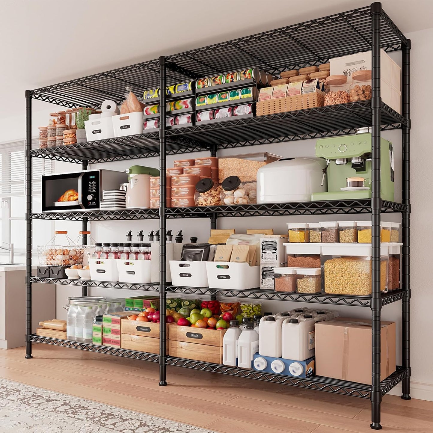REIBII 1500LBS Storage Shelves Metal Shelving Unit 61.7''W Wire Shelving, 5 Tier Pantry Shelves Kitchen Shelves Adjustable Wire Shelf for Commercial Garage Shelving Heavy Duty, 61.7" W*72.4" H*15.8" D