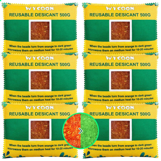 Rechargeable Desiccant Pack 6 x 500g, Moisture Absorber with Transparent Indicator Window, Desiccant Dehumidifier for Closet, Basement, Gun Safe, RV,Garage & Storage