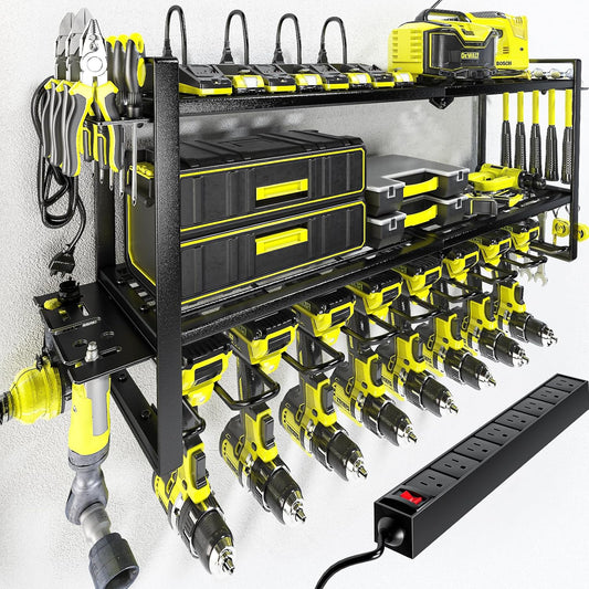 KAFAHOM Power Tool Organizer with Charging Station. 8 Drill Holder 3 Layers Tool Storage Shelf Wall Mount Built in 8 Outlet Power Strip.Tool Battery Holder with Screwdriver/Hammer