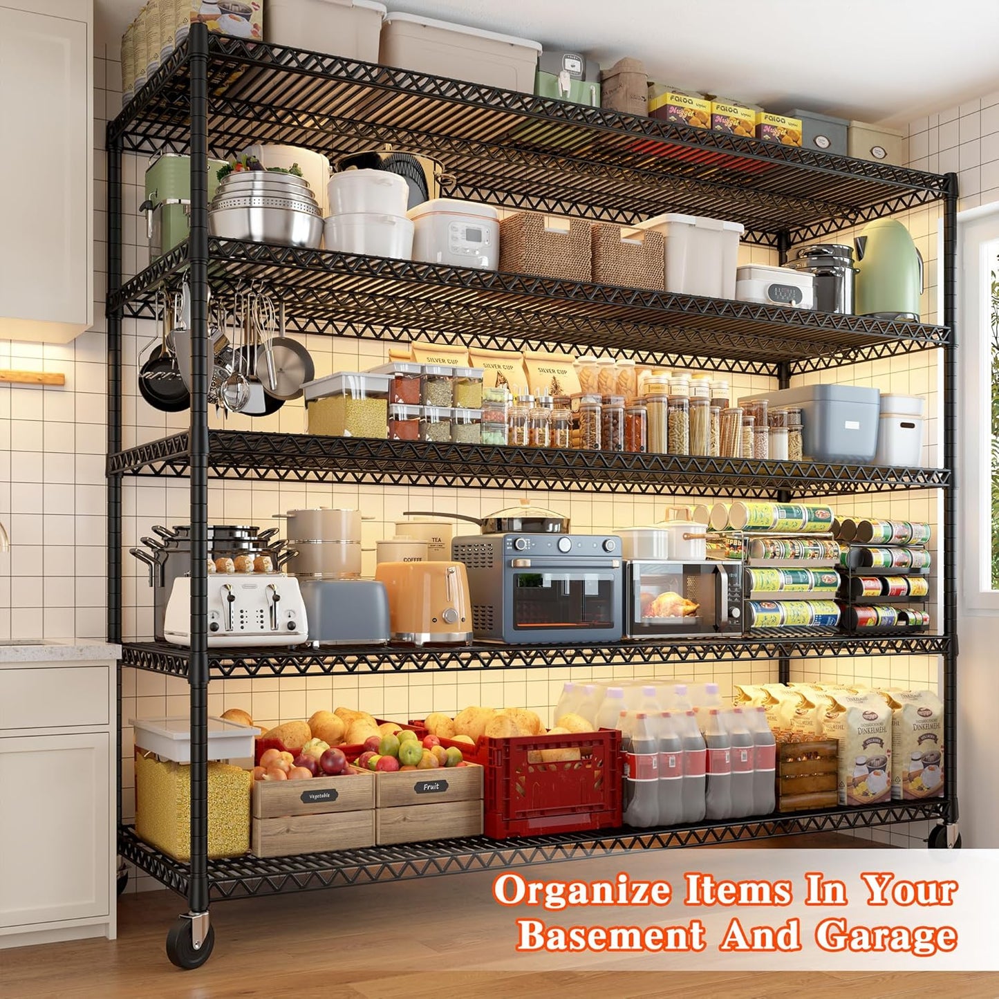 REIBII 73" H Storage Shelves Wire Shelving with Wheels 3200 lbs Heavy Duty Steel Metal Shelving Unit Shelf Rack for Warehouses,Garage, Kitchen, School,Commercial,73" H X 60”W X 18" D