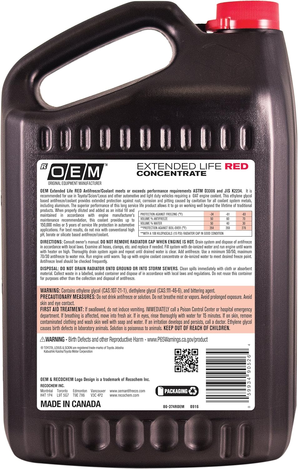 Recochem OEM 86-374ROEM Red Premium Antifreeze Concentrate Extended Life RED, 1 gallon, 1 Pack