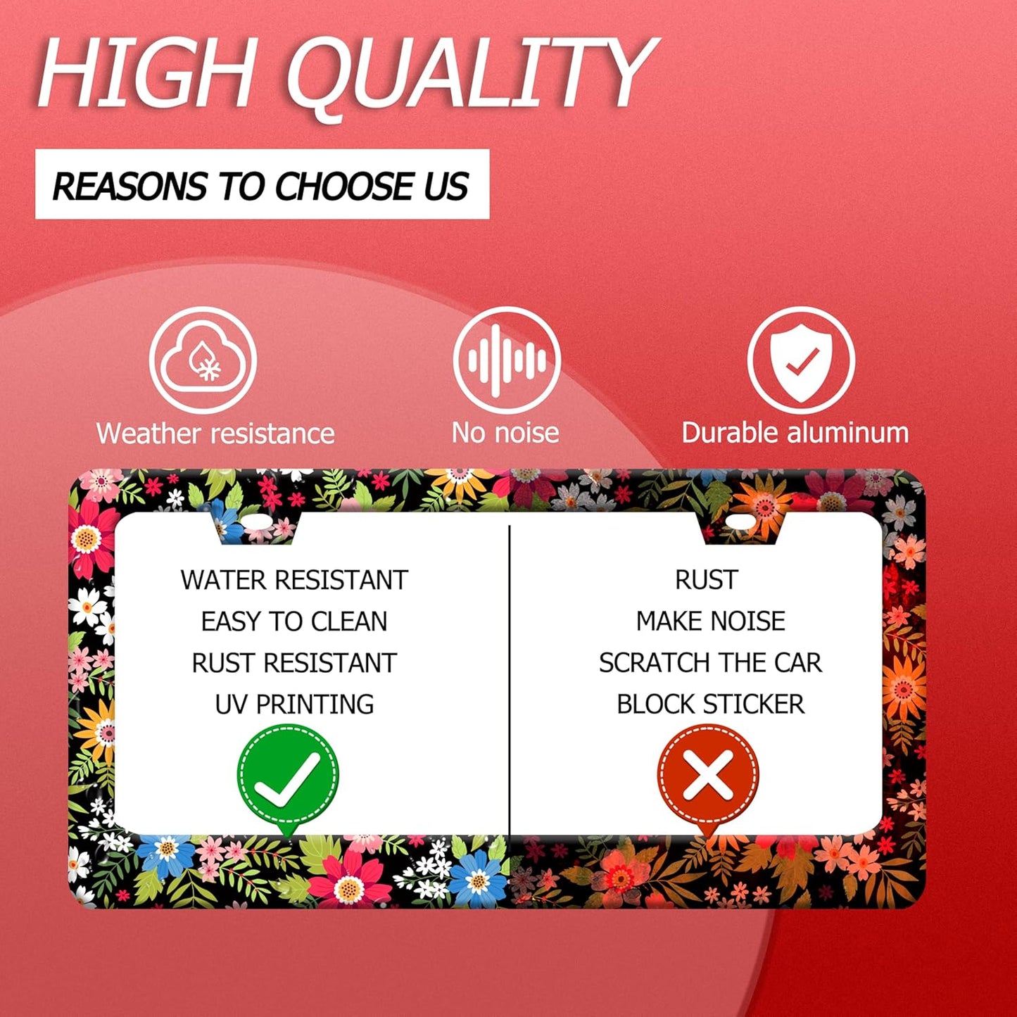 Folk Art Flowers License Plate Frame Funny Colorful License Plate Frames Stainless Steel Accessories Cars Decor with 2 Holes and Screws Fits Standard Us Ca Vehicles License Plate Holder 12.2 X 6 Inch