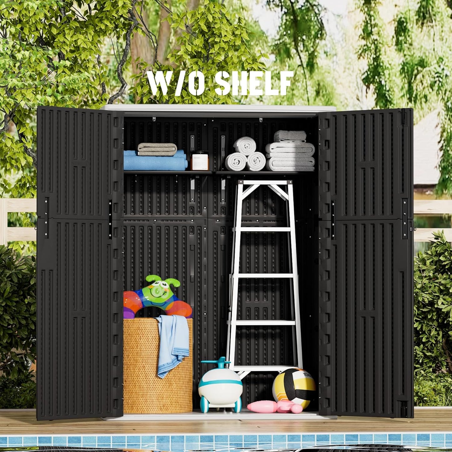 Vertical Outdoor Storage Cabinets, Plastic Sheds&Outdoor Storage with Floor,Outdoor Storage Box Waterproof/Lockable for Garage,Bike,Tools Storage Shed (57Cu.ft-Black White)