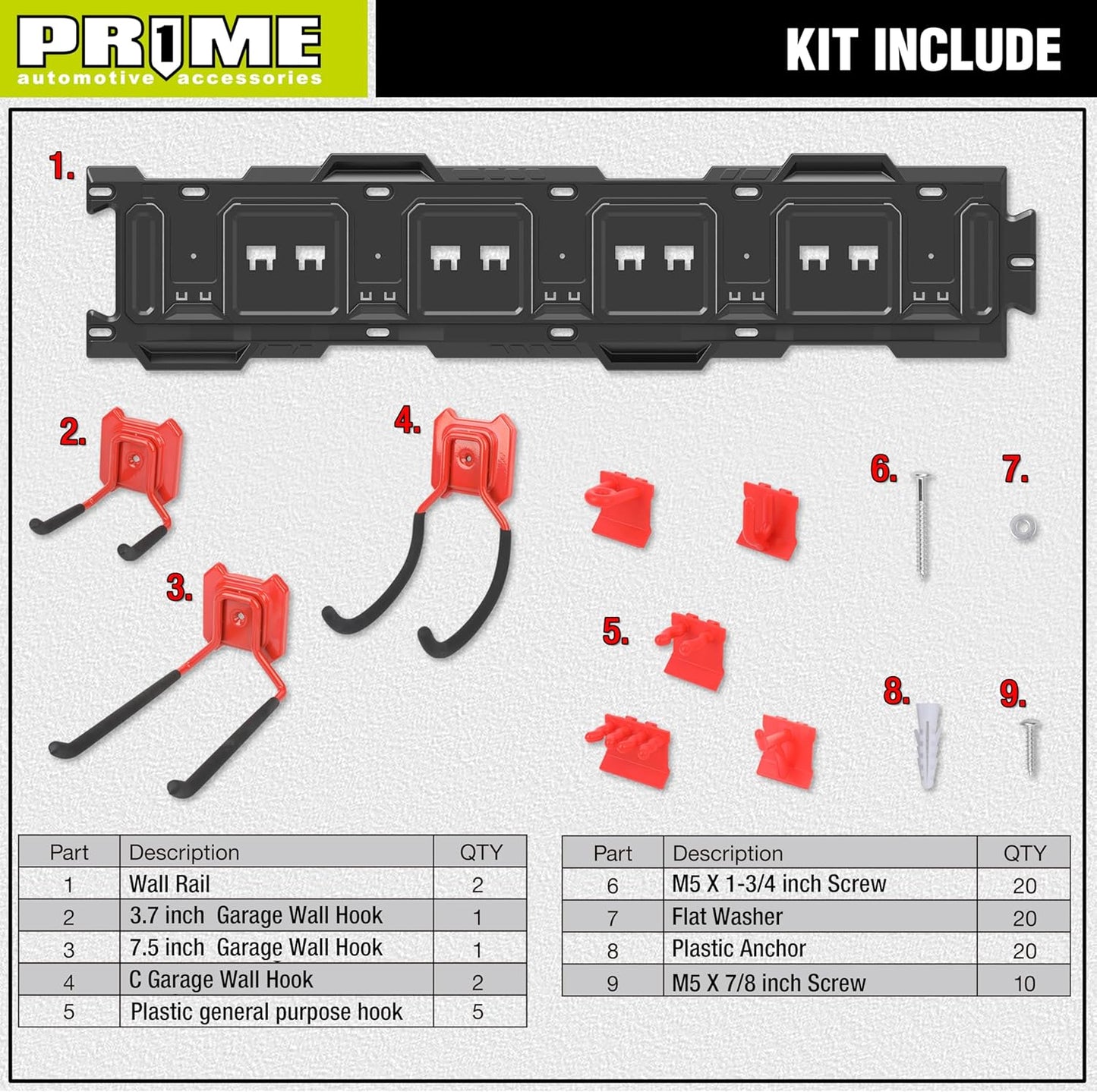 PR1ME 11 pcs Garage Storage Wall Mount Organizer Kit, Garage Storage Wall Rails with Utility Garage Wall Mount Hooks, 2X 31 inch Wall Rails, 4 Steel Garage Hooks, 5 Plastic General Purpose Hooks
