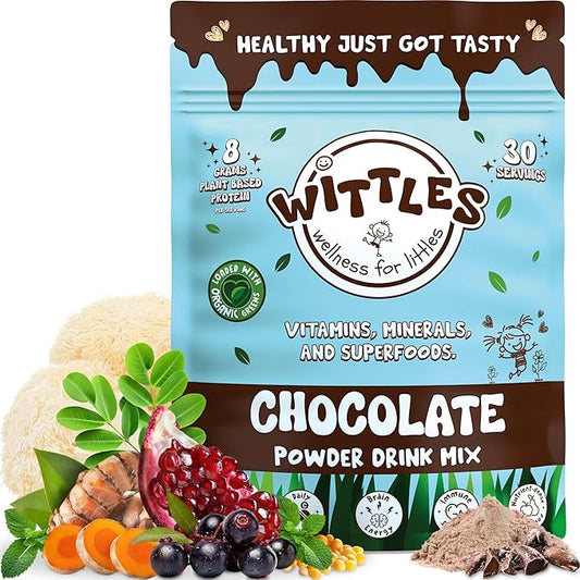 Kids Organic Chocolate Protein Shake for Youth & Teens, 8g of Protein Powder + Superfood Nutrition Powder for Kids (30 Servings, Chocolate)