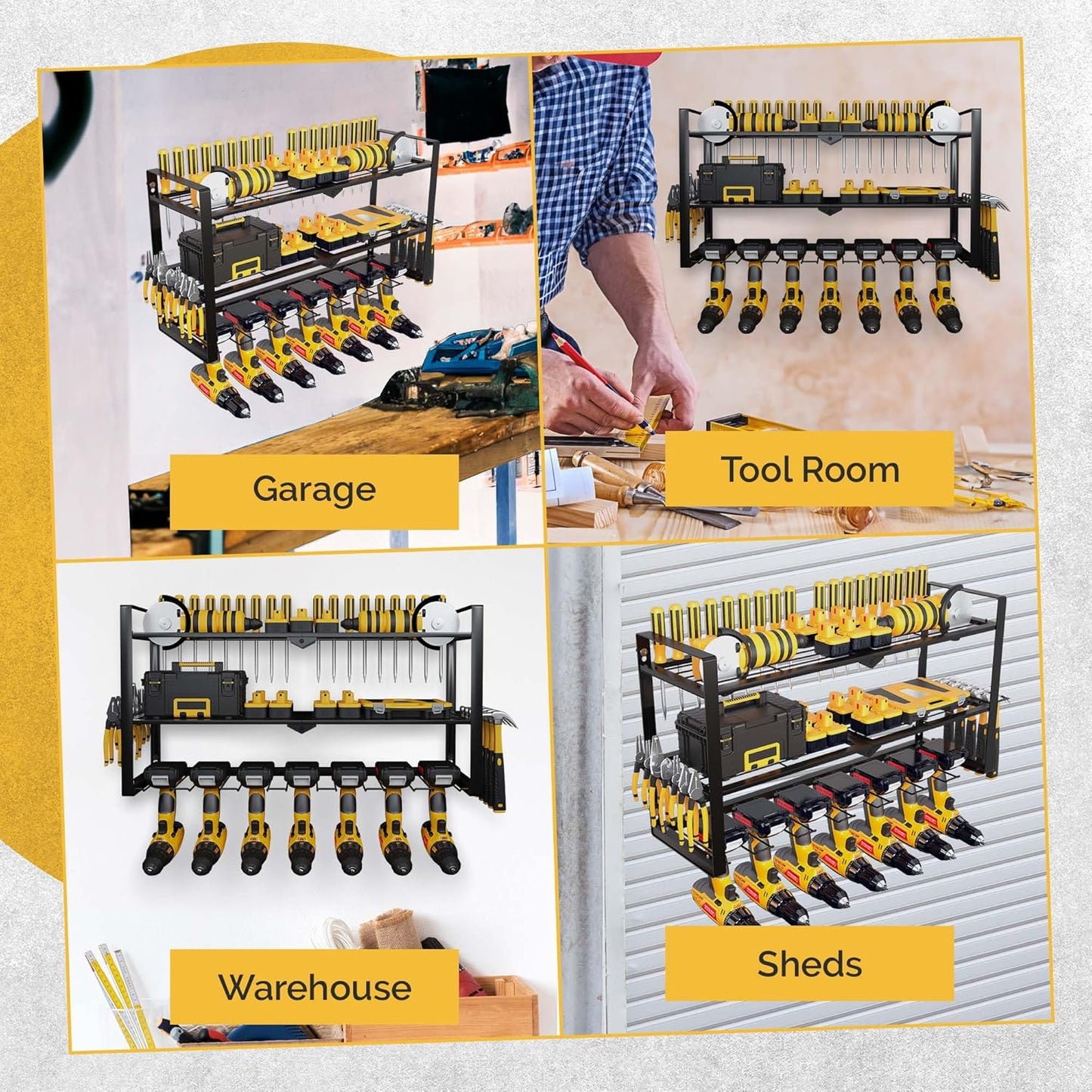 Power Tool Organizer Wall Mount 3 Tier 7 Drill Holders support up to 300Lbs - Metal Cordless Garage Wall Organizer for Cordless Drill, drill holder Rack Suitable for workshop organizers and storage